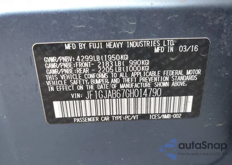2016 Subaru Impreza 2.0I Premium from USA, damaged, VIN JF1GJAB67GH014790